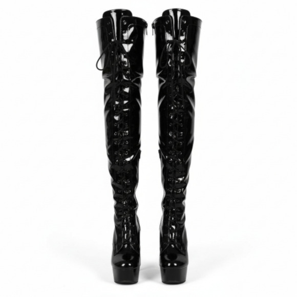 Pleaser Delight 3023 Platform Stiletto Boots Black Patent Thigh High OTK Heels 8 - Picture 3 of 14